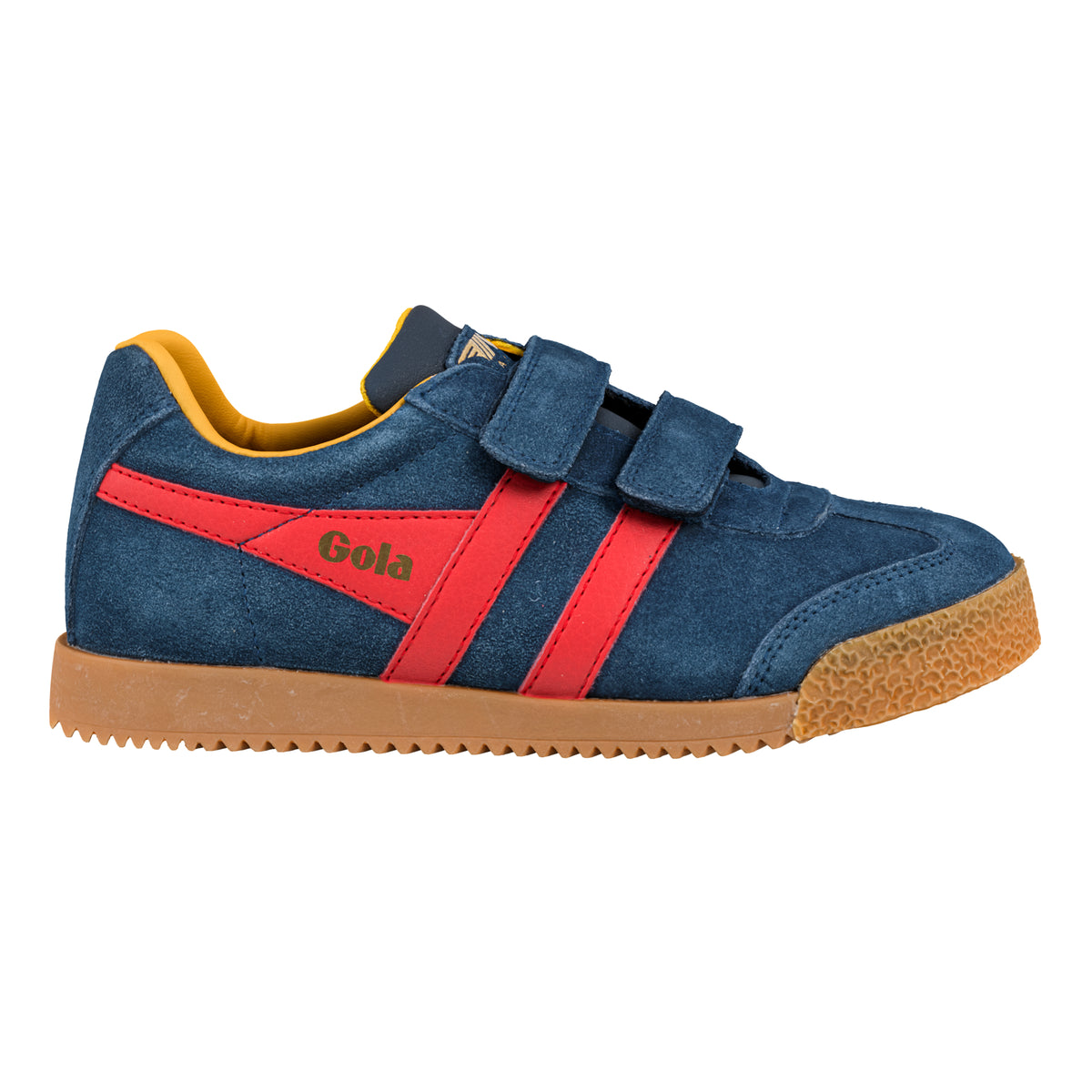 Gola Classics navy suede trainer with red side stripes and gum sole