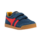 Navy blue suede Gola trainer with red side stripes and gum rubber sole