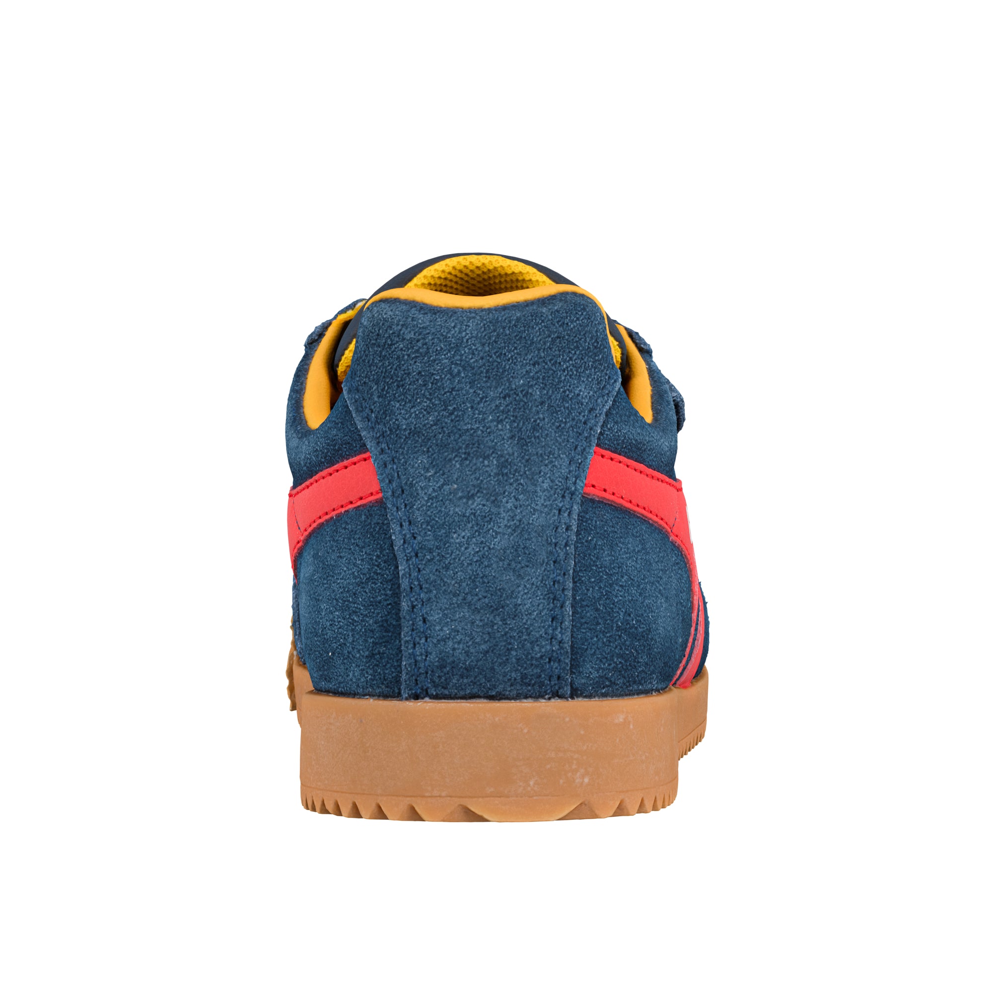 Rear view of a blue suede trainer with red stripes and a gum rubber sole