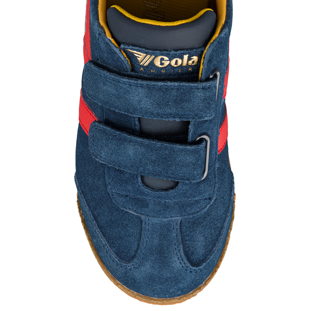 Blue suede Gola trainer with red side stripes and double hook and loop fastening