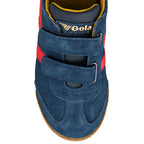 Blue suede Gola trainer with red side stripes and double hook and loop fastening