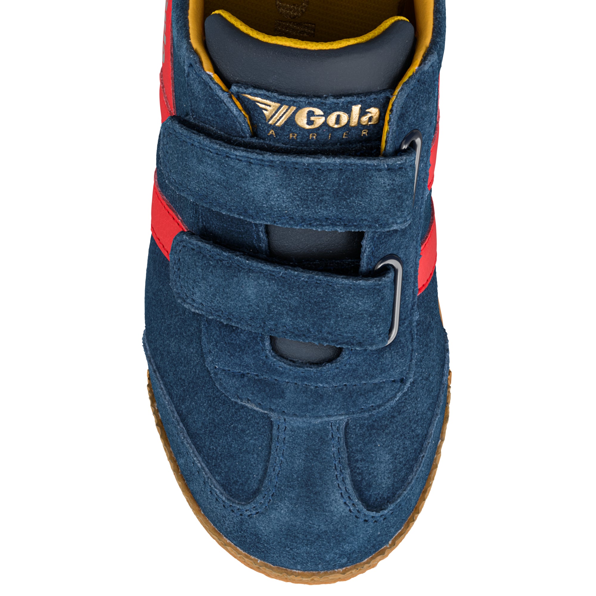 Blue suede Gola trainer with red side stripes and double hook and loop fastening