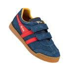 Navy blue suede Gola trainer with red stripes and gum sole featuring hook and loop fastenings