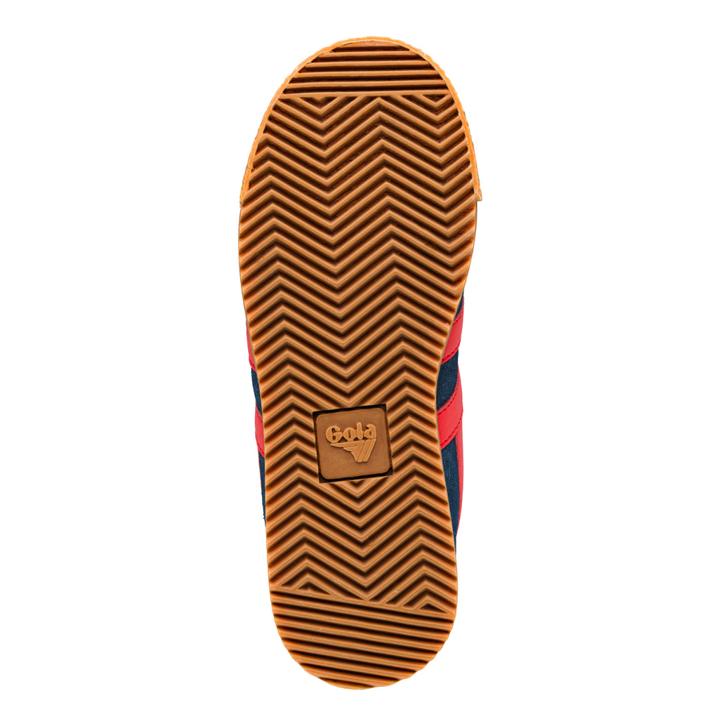 Brown rubber trainer sole with chevron tread pattern and Gola logo