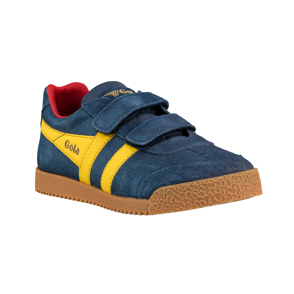 Navy blue suede Gola trainer with yellow side stripes and gum sole