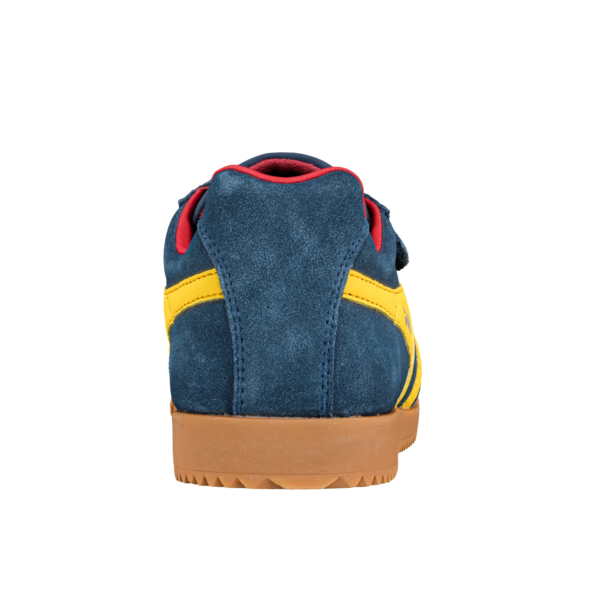 Rear view of a navy blue suede trainer with yellow side stripes and a gum rubber sole