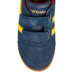 Navy blue suede Gola Harrier trainer with yellow side stripes and two hook and loop fastening straps