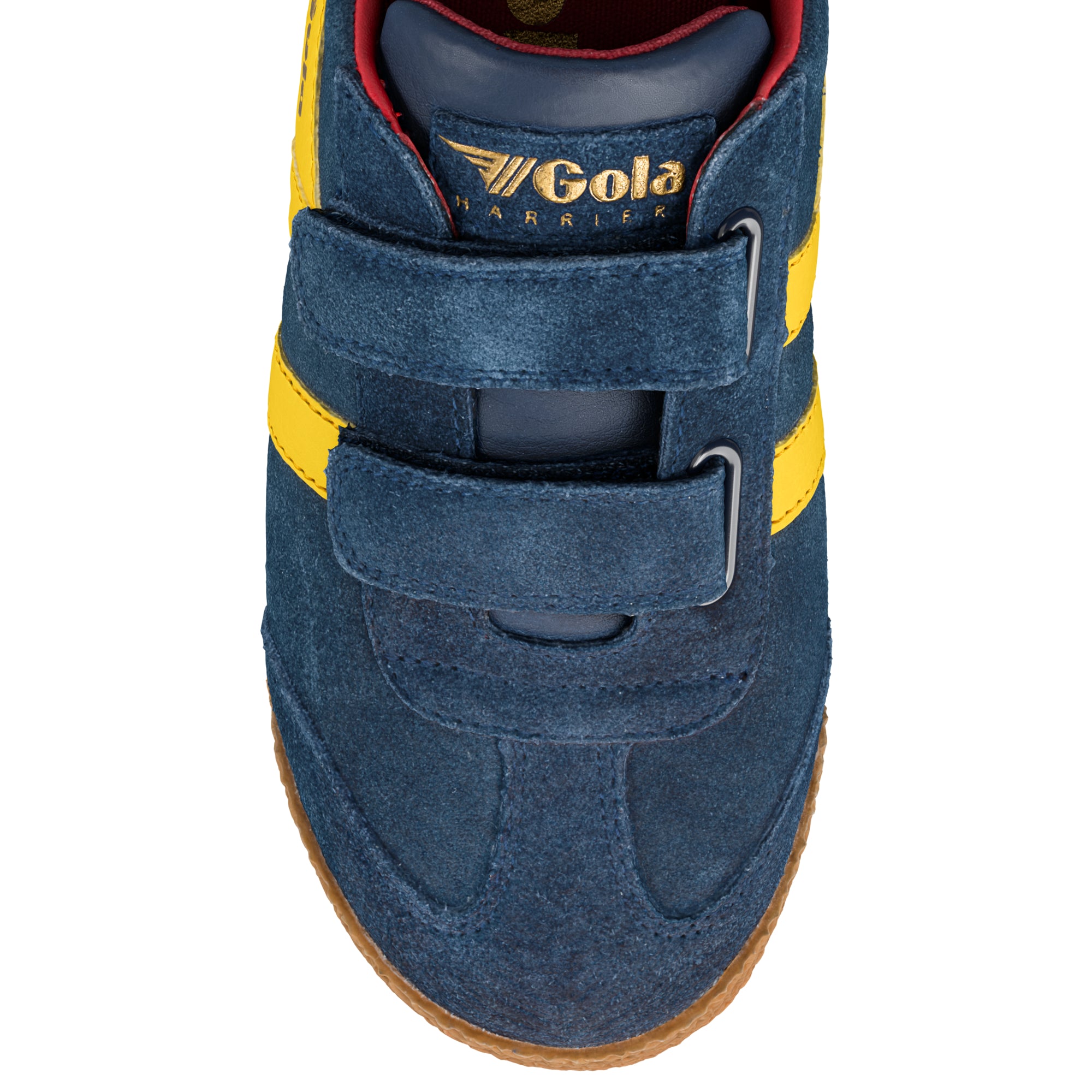 Navy blue suede Gola Harrier trainer with yellow side stripes and two hook and loop fastening straps
