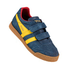 Navy blue suede Gola trainer with yellow side stripes and gum sole featuring hook and loop fastenings