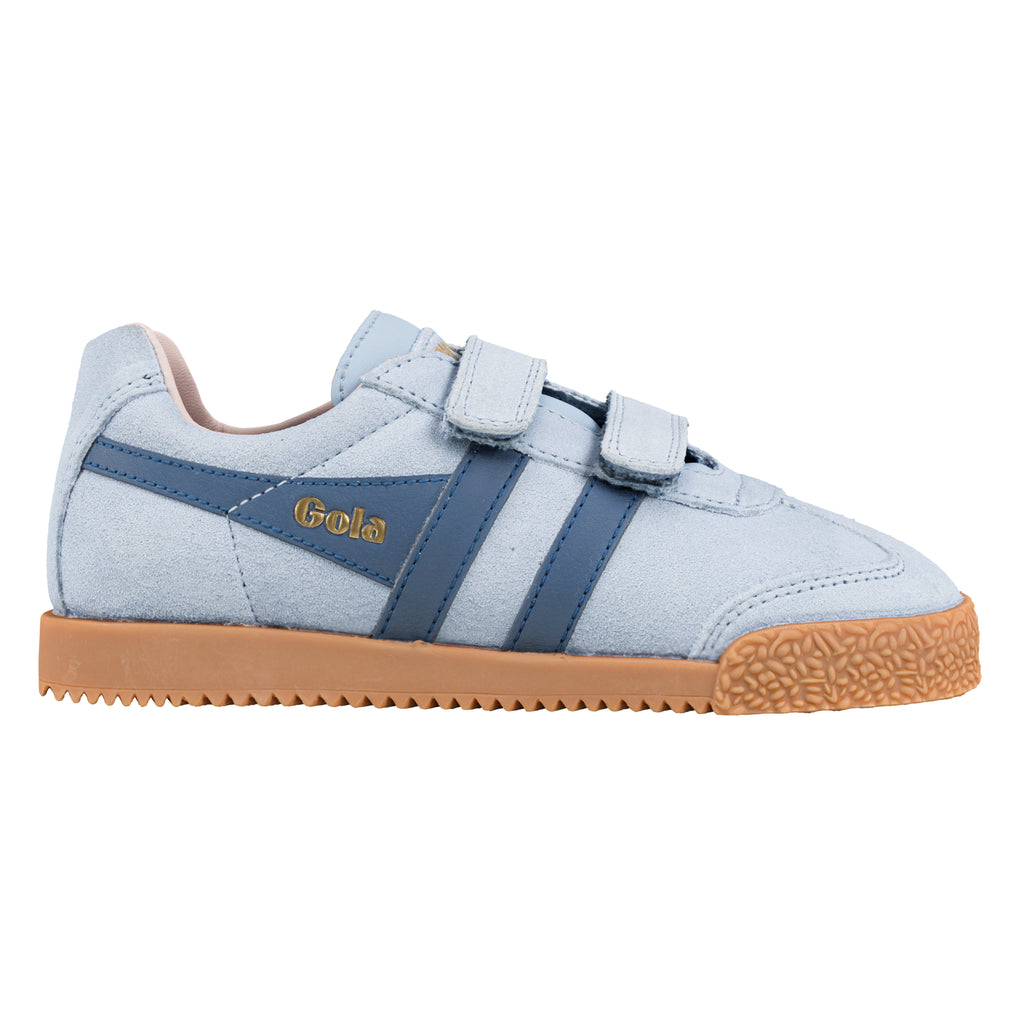 Light blue suede Gola trainer with two hook and loop straps and a gum rubber sole