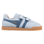 Light blue suede Gola trainer with two hook and loop straps and a gum rubber sole