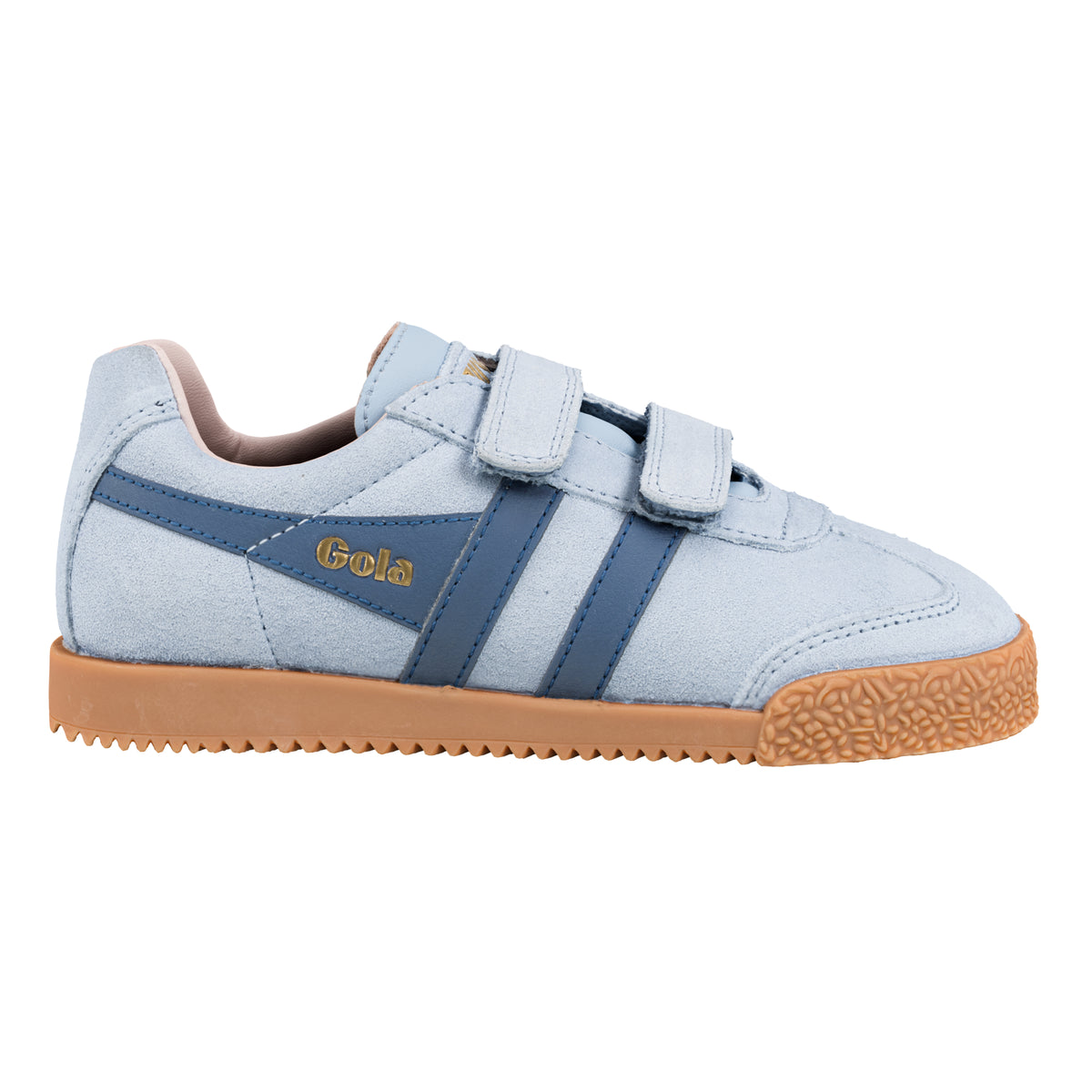 Gola Classics light blue suede trainer with hook and loop fastening and gum sole