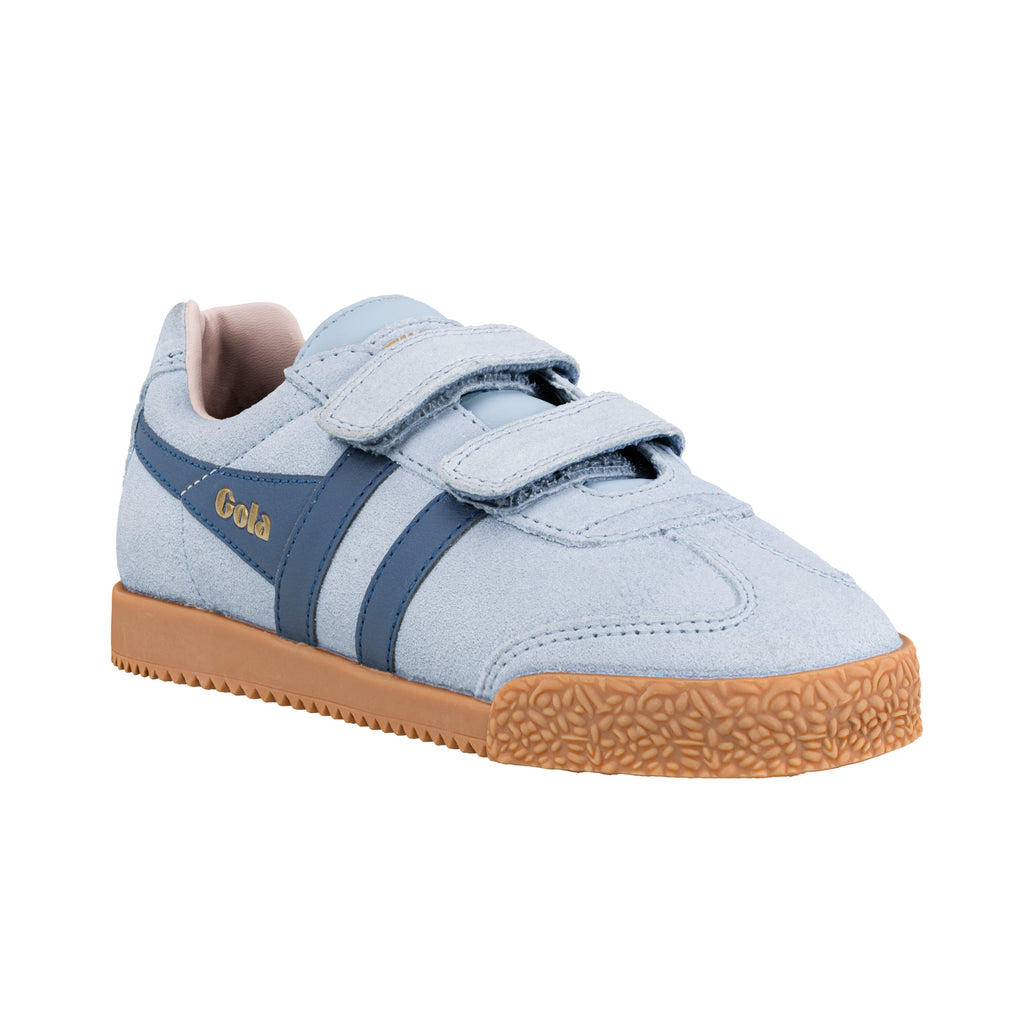 Light blue suede Gola trainer with two hook and loop straps and a gum rubber sole