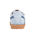 Rear view of a light blue suede trainer with a gum rubber sole