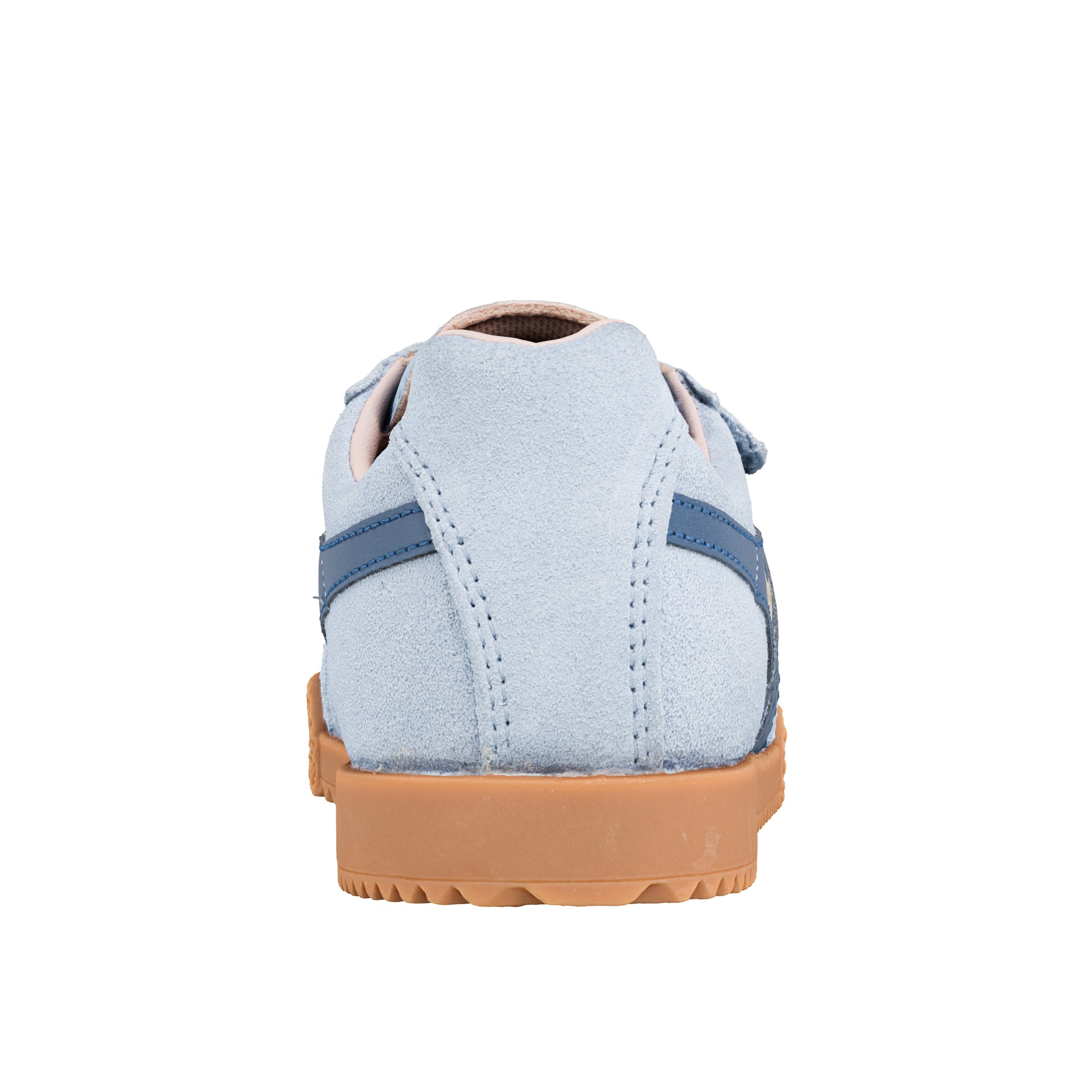 Rear view of a light blue suede trainer with a gum rubber sole