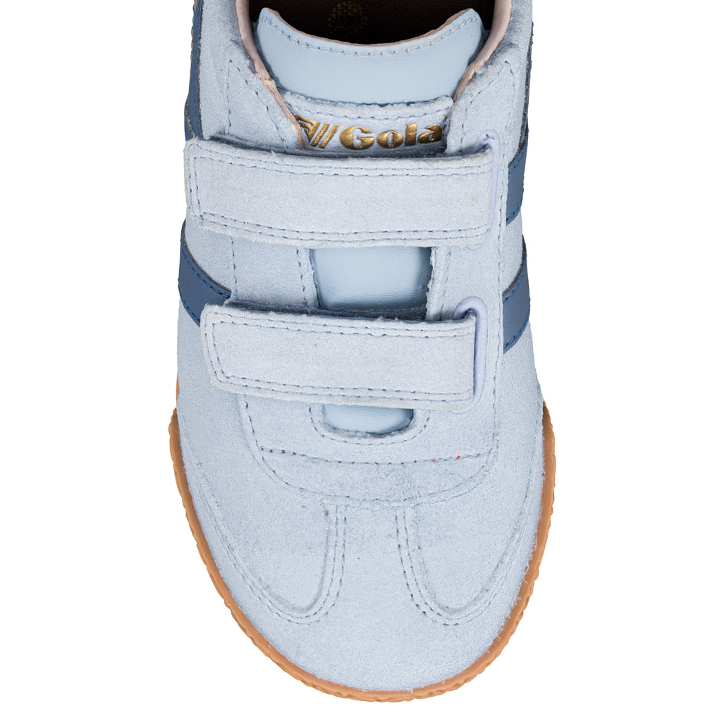 Light blue suede Gola trainer with two hook and loop straps and gum sole