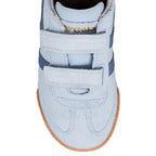 Light blue suede Gola trainer with two hook and loop straps and gum sole