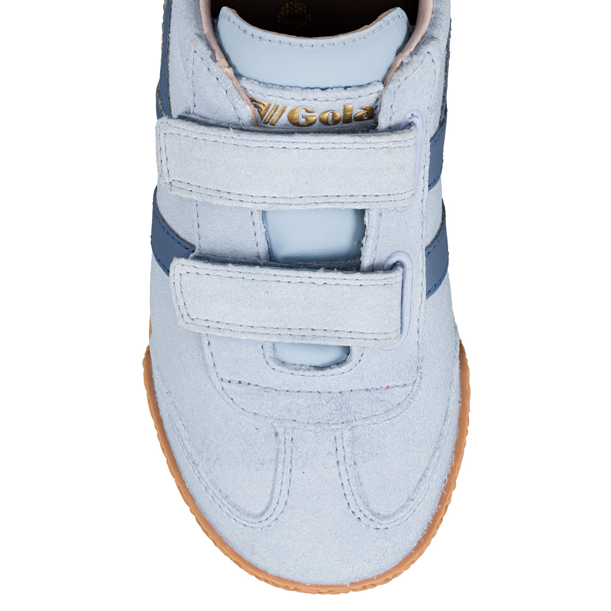 Light blue suede Gola trainer with two hook and loop straps and gum sole