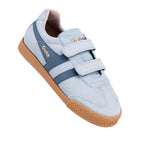 Light blue suede Gola trainer with two hook and loop straps and a gum rubber sole