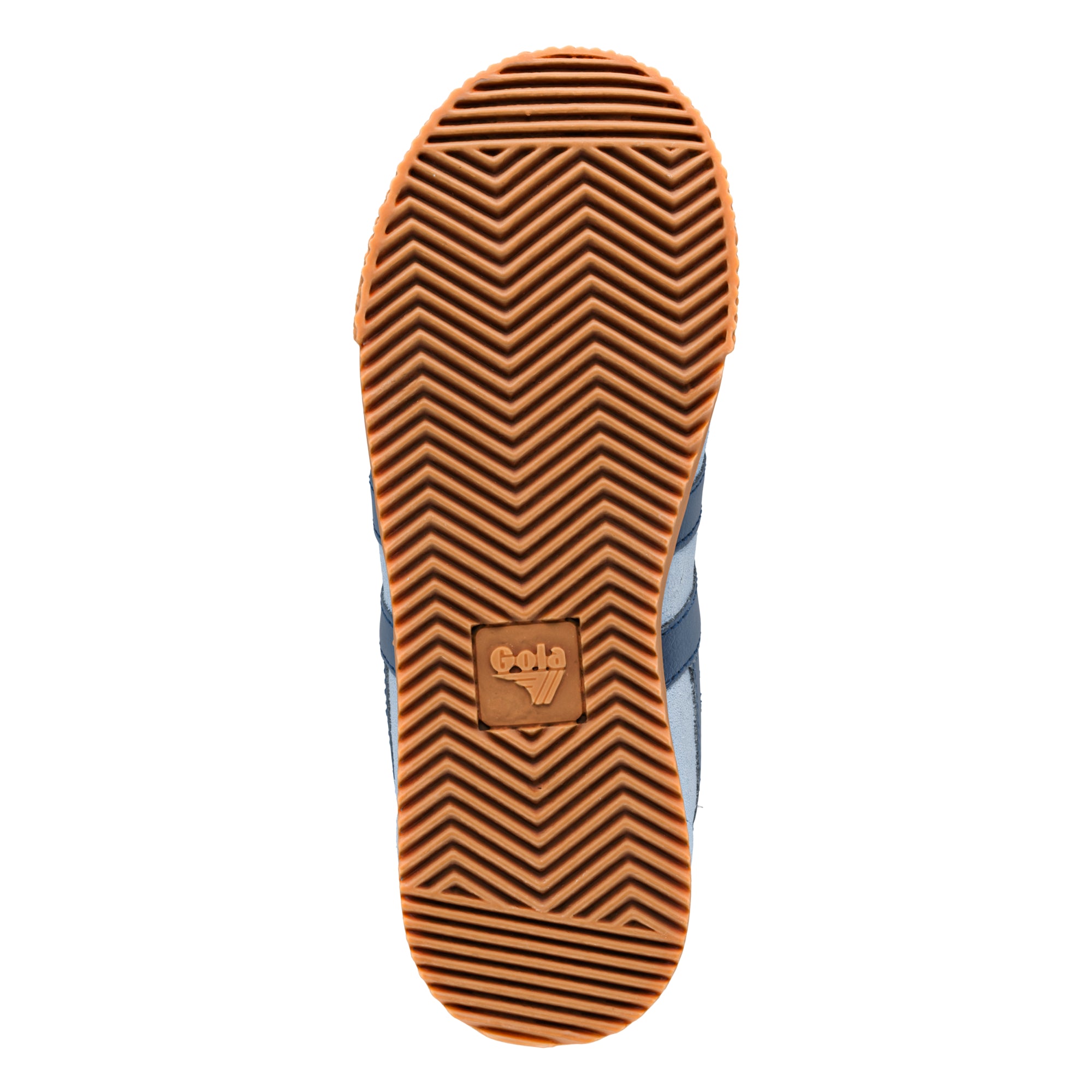 Brown rubber trainer sole with chevron tread pattern and Gola logo