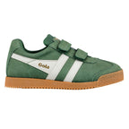 Green suede Gola trainer with white side stripes and gum rubber sole