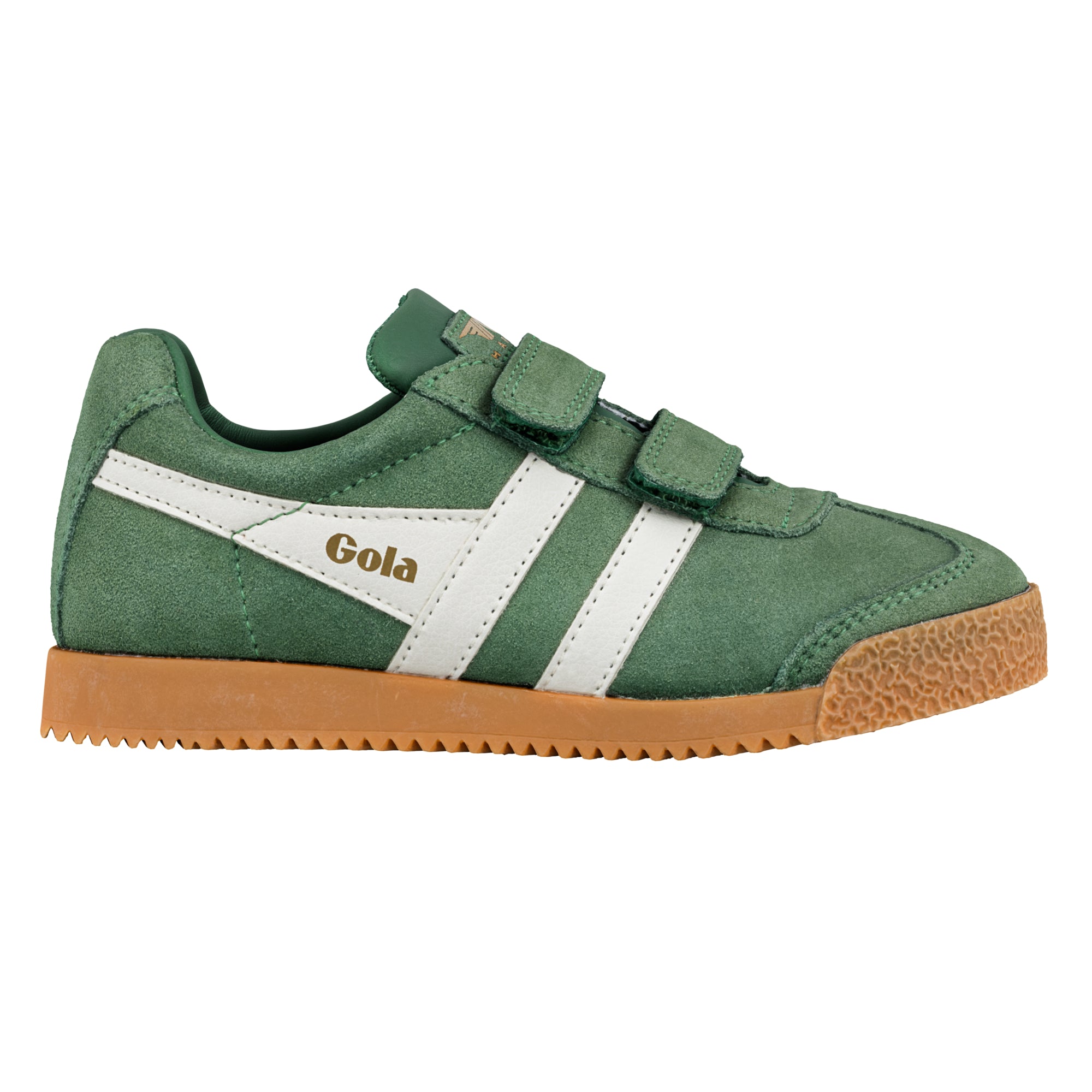 Green suede Gola trainer with white side stripes and gum rubber sole