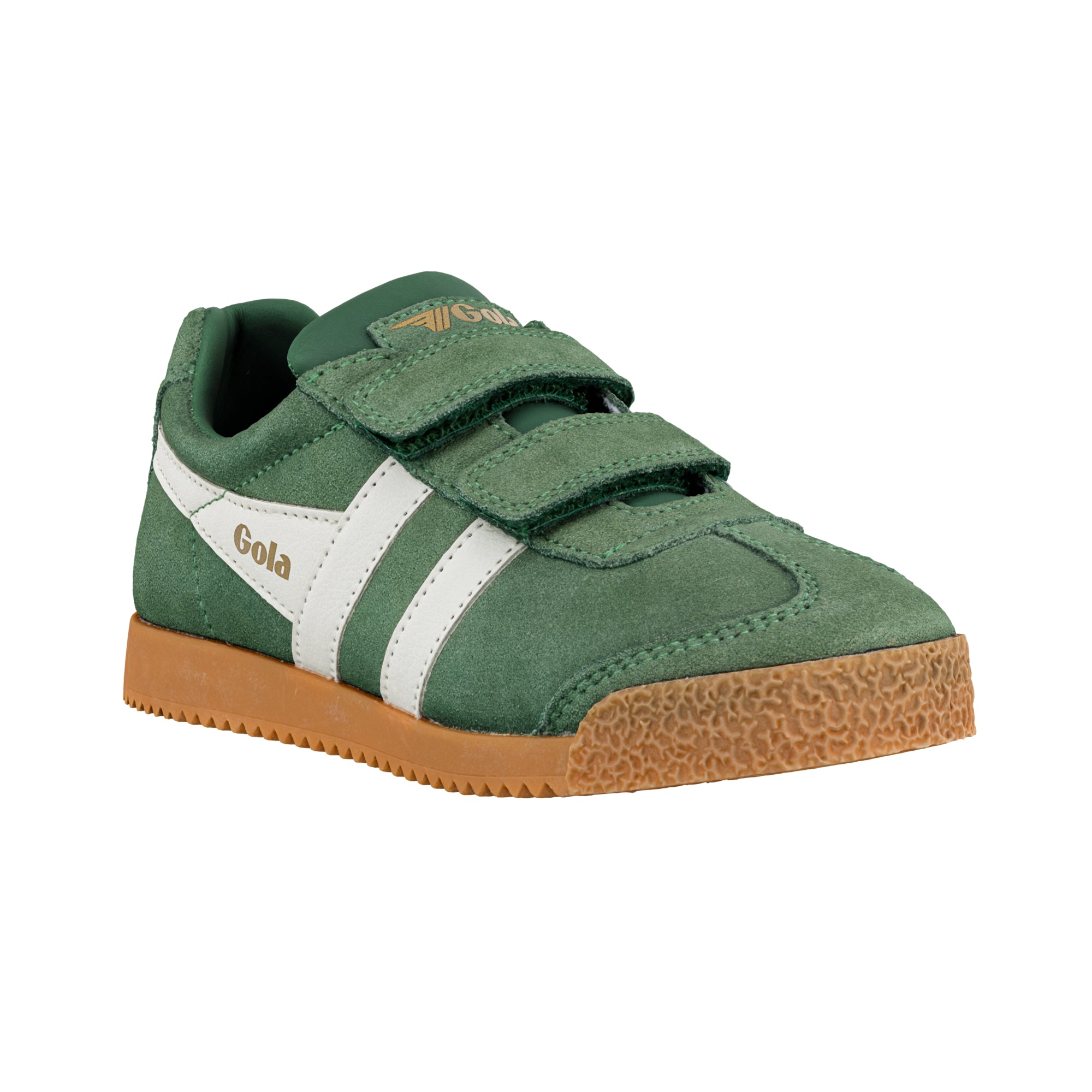 Green suede Gola trainer with white side stripes and gum rubber sole featuring hook and loop fastening
