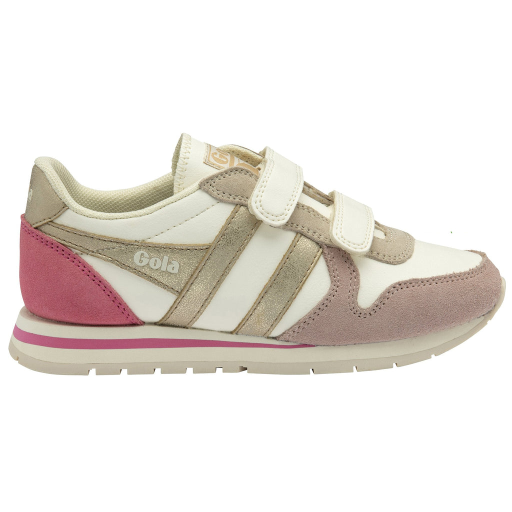 Gola Classics white trainer with pink suede heel and beige suede toe cap featuring two hook and loop fastening straps