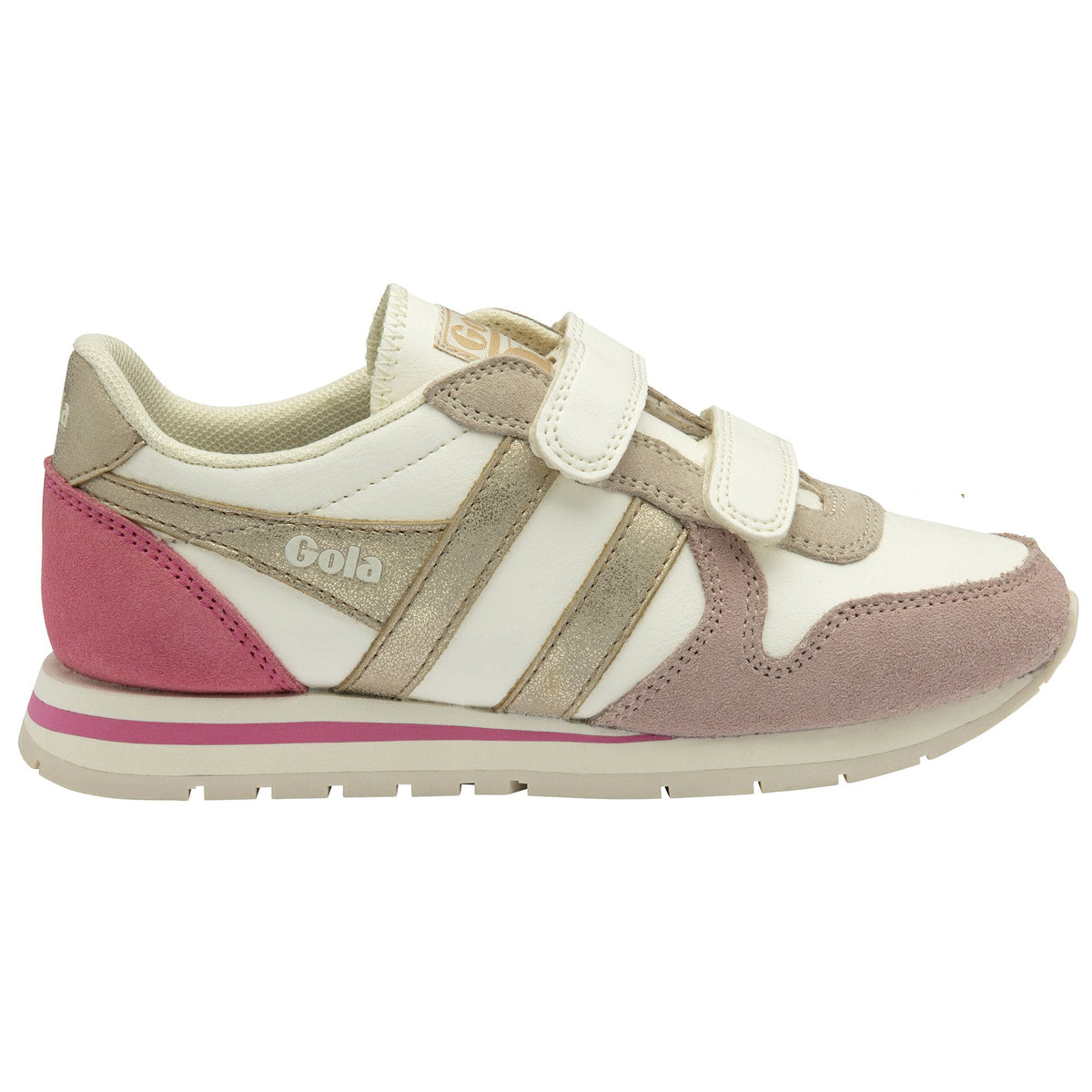 Gola Classics white trainer with pink suede heel and beige suede toe cap featuring two hook and loop fastening straps