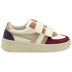 Gola Classics white trainer with burgundy suede panels and rose gold metallic detailing with two hook and loop straps