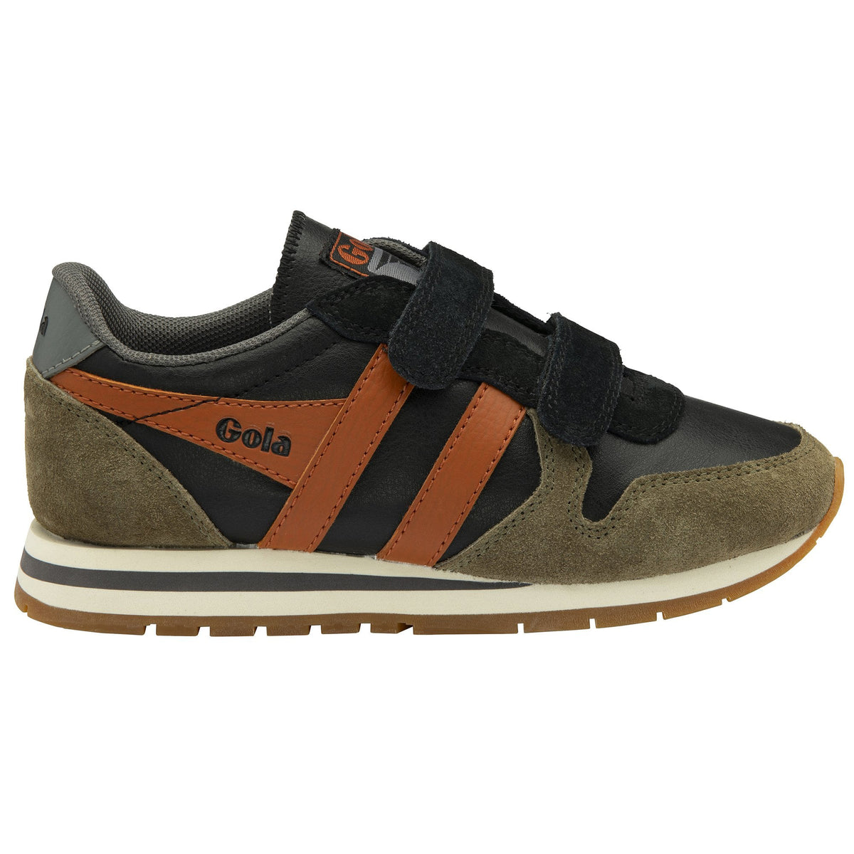 Gola Classics black and olive green trainer with tan side stripes and hook and loop fastening