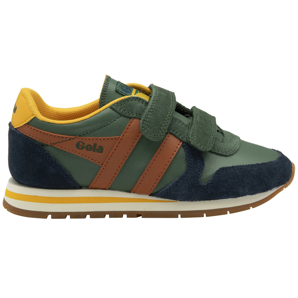 Gola Classics green and navy trainer with brown side stripes and hook and loop fastening