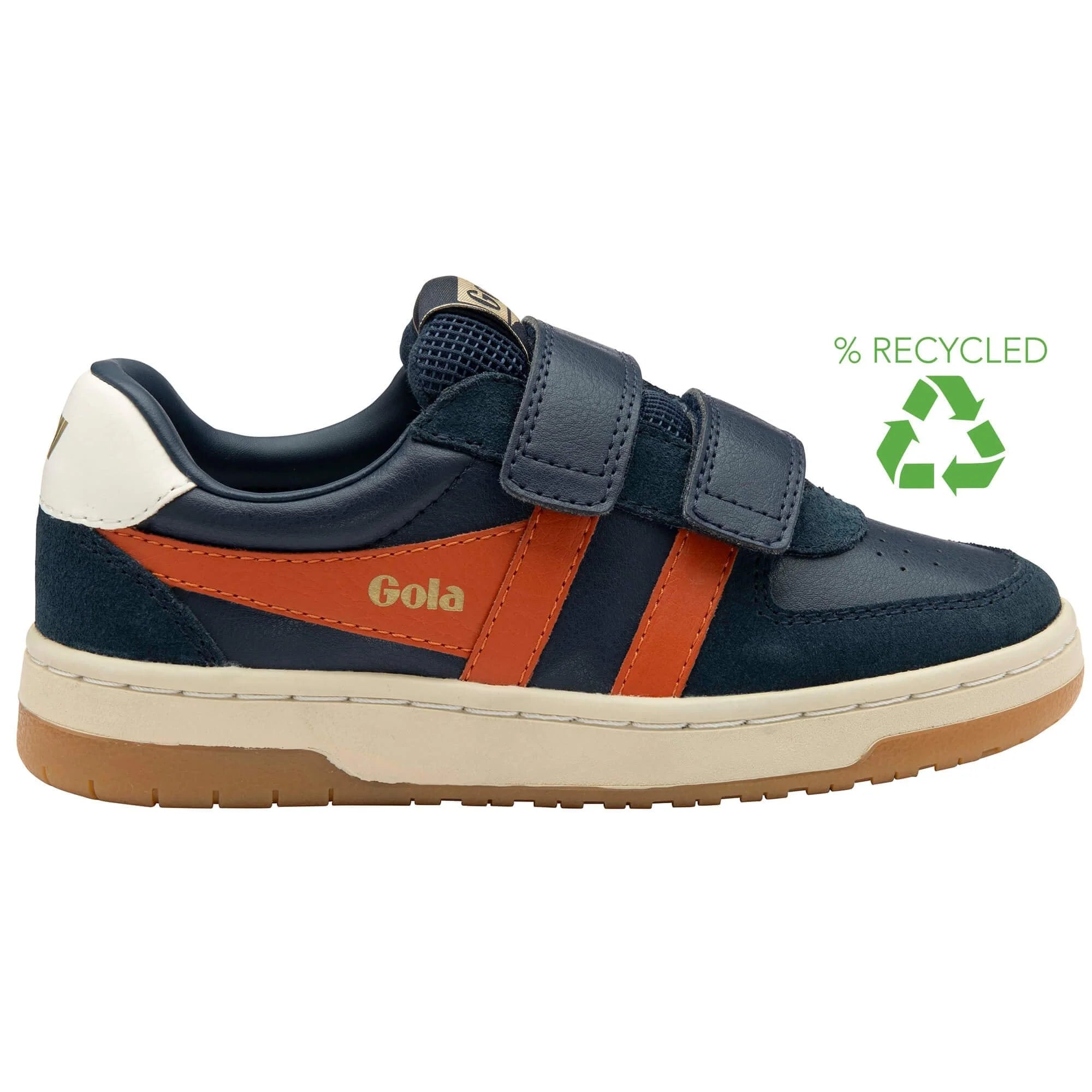 Gola Classics navy and orange hook and loop trainer with recycled materials graphic