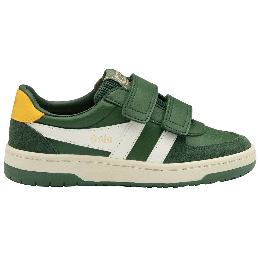 Gola Classics green and white leather trainer with hook and loop fastenings and yellow heel tab
