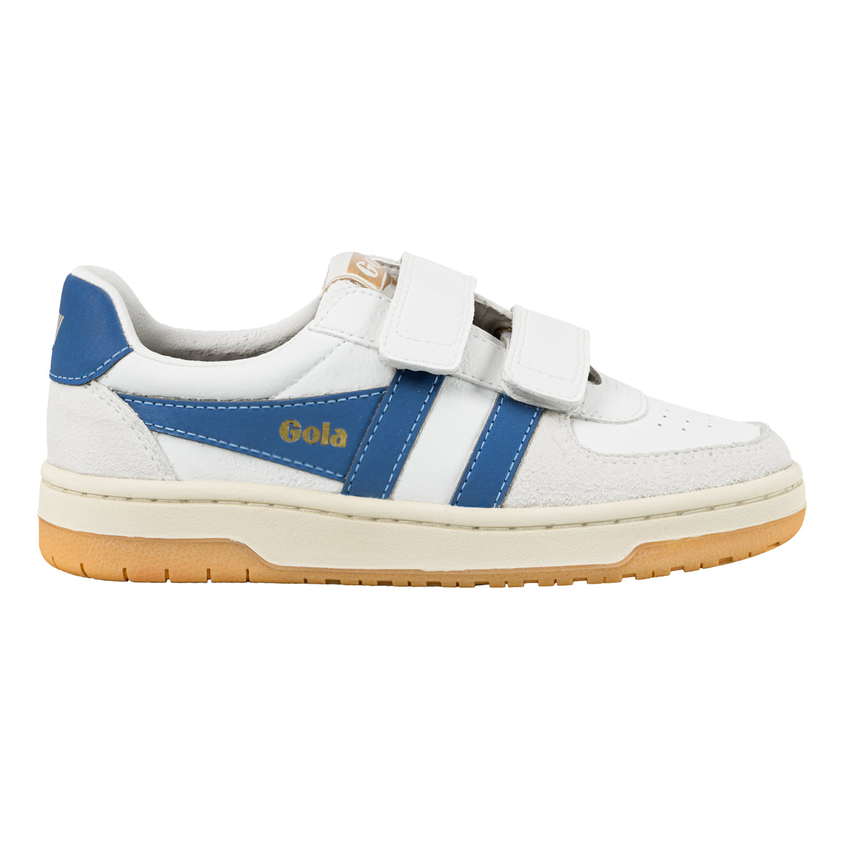 Gola Classics white and blue leather trainer with hook and loop fastening and gum sole