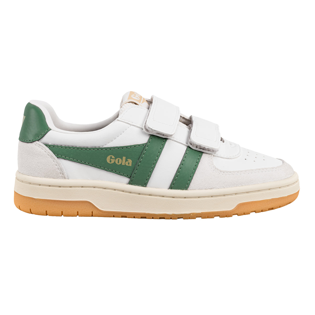 Gola Classics white and green leather trainer with hook and loop fastening and gum sole