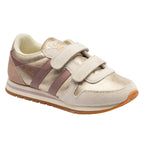 Metallic gold and pink Gola trainer with two hook and loop straps and a gum rubber sole