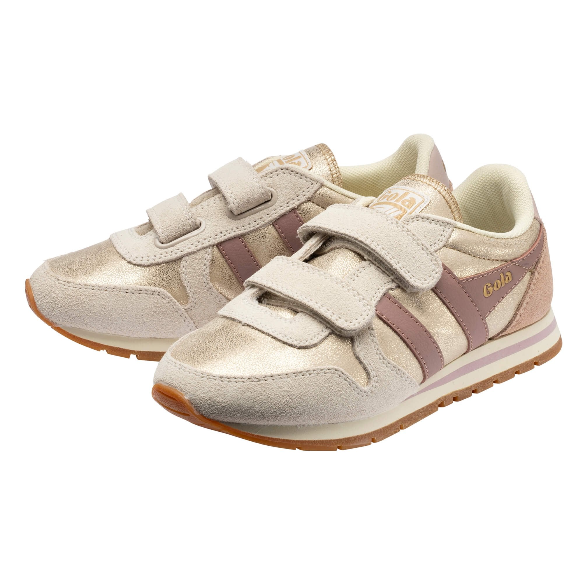 Metallic gold and dusky pink Gola trainers with hook and loop fastening