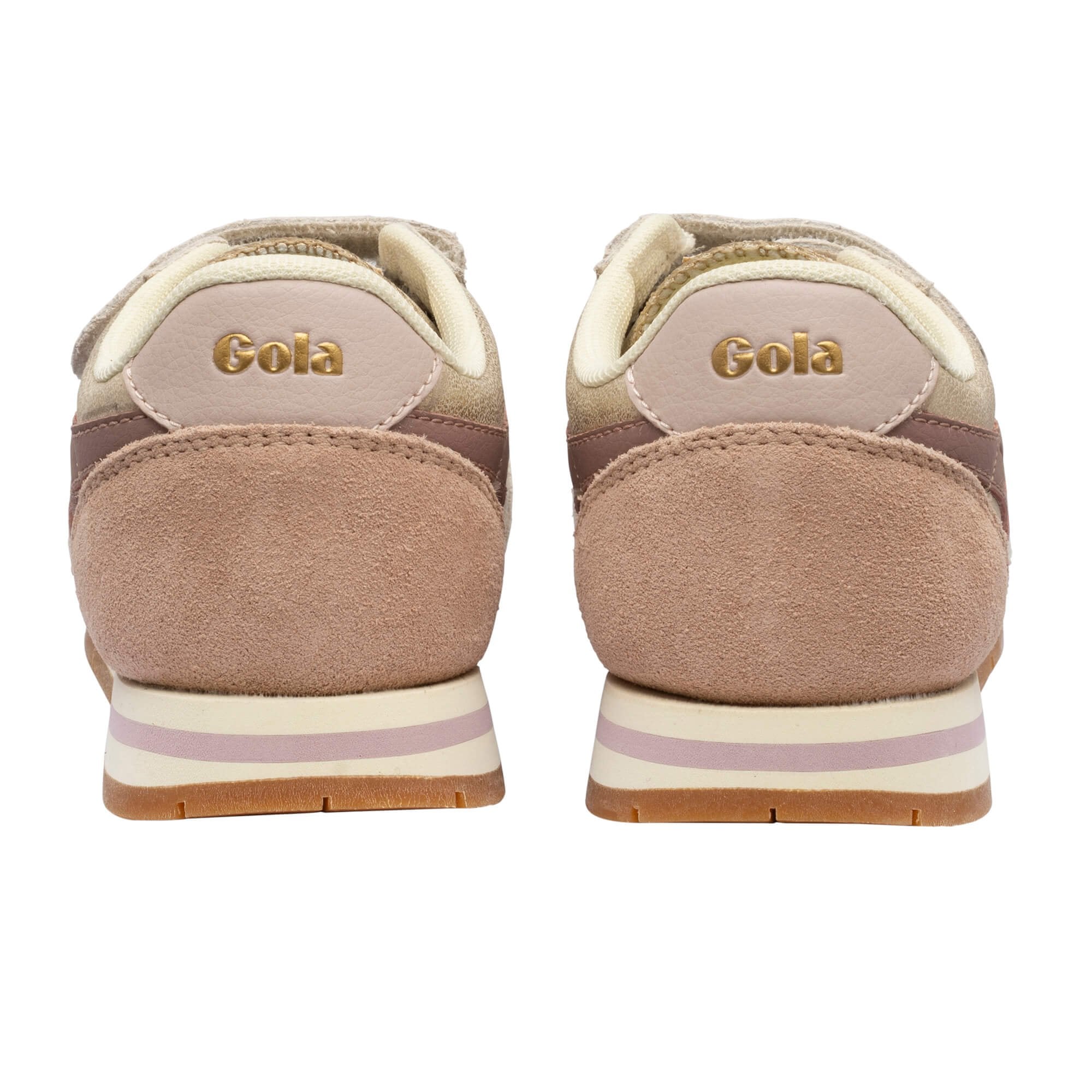 Rear view of pink and beige Gola trainers with gold branding on the heel
