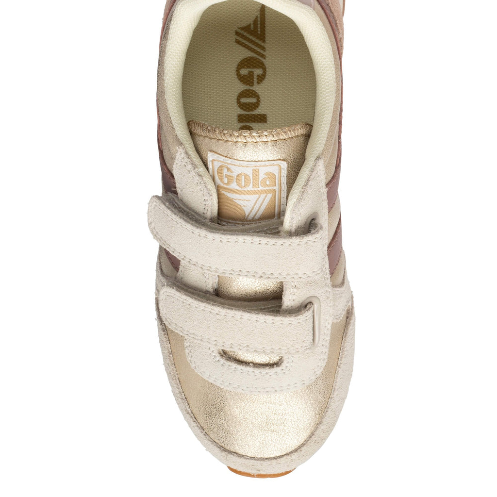 Metallic gold and beige suede Gola trainer with two hook and loop straps