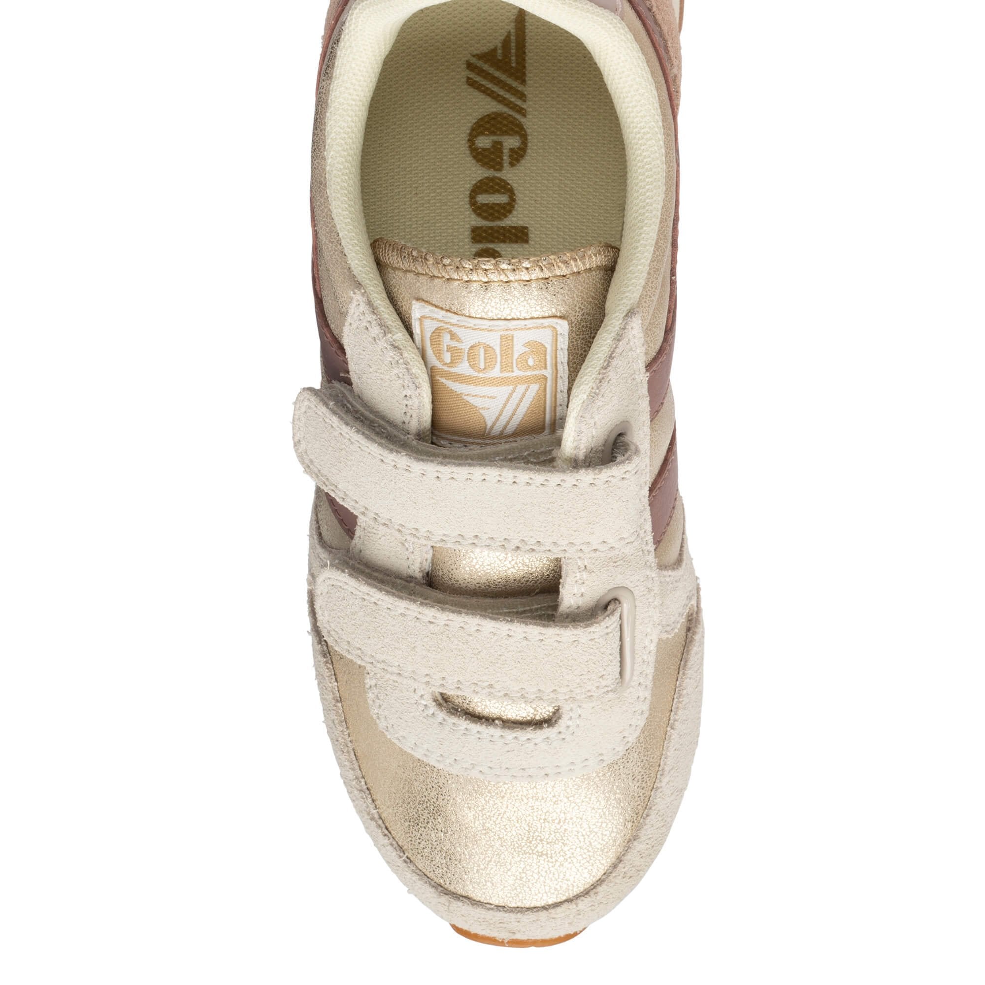 Metallic gold and beige suede Gola trainer with two hook and loop straps