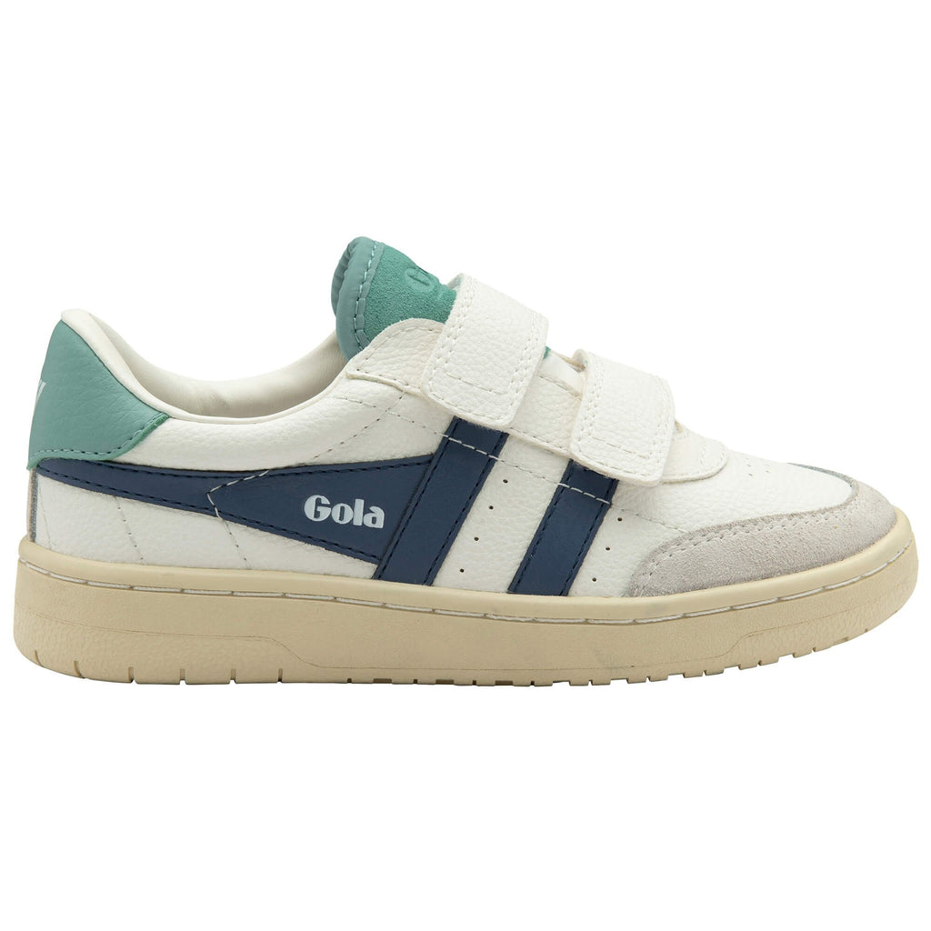 Gola Classics white trainer with blue and green accents and hook and loop fastening
