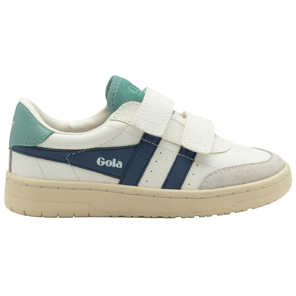 Gola Classics white trainer with blue and green accents and hook and loop fastening