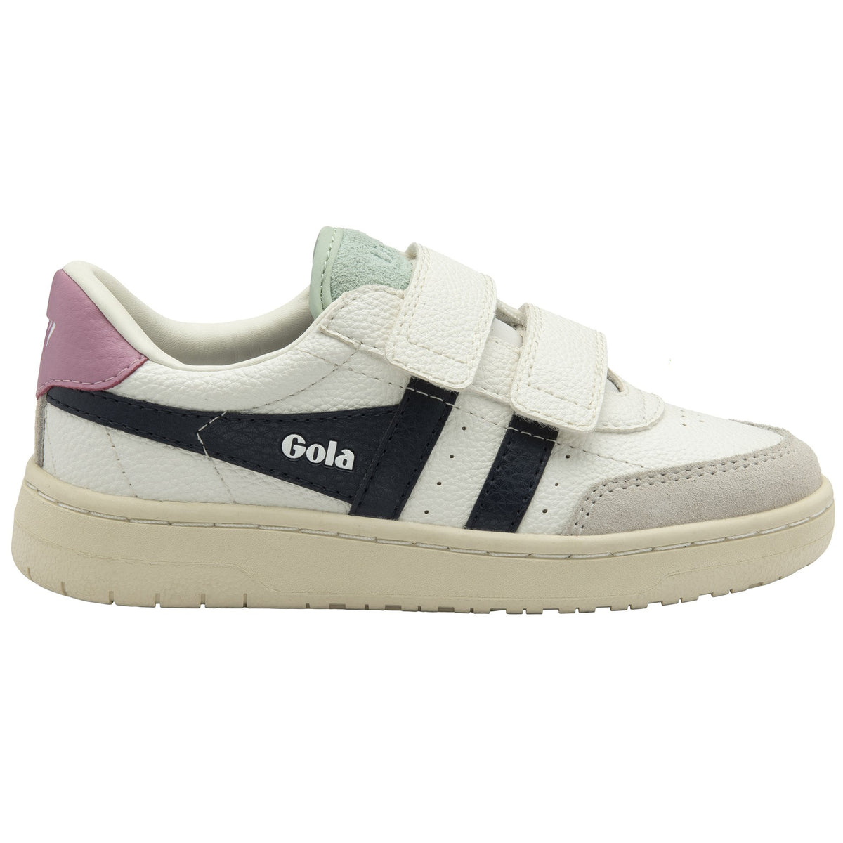 Gola Classics white trainer with navy side stripes and pink heel tab featuring hook and loop fastening