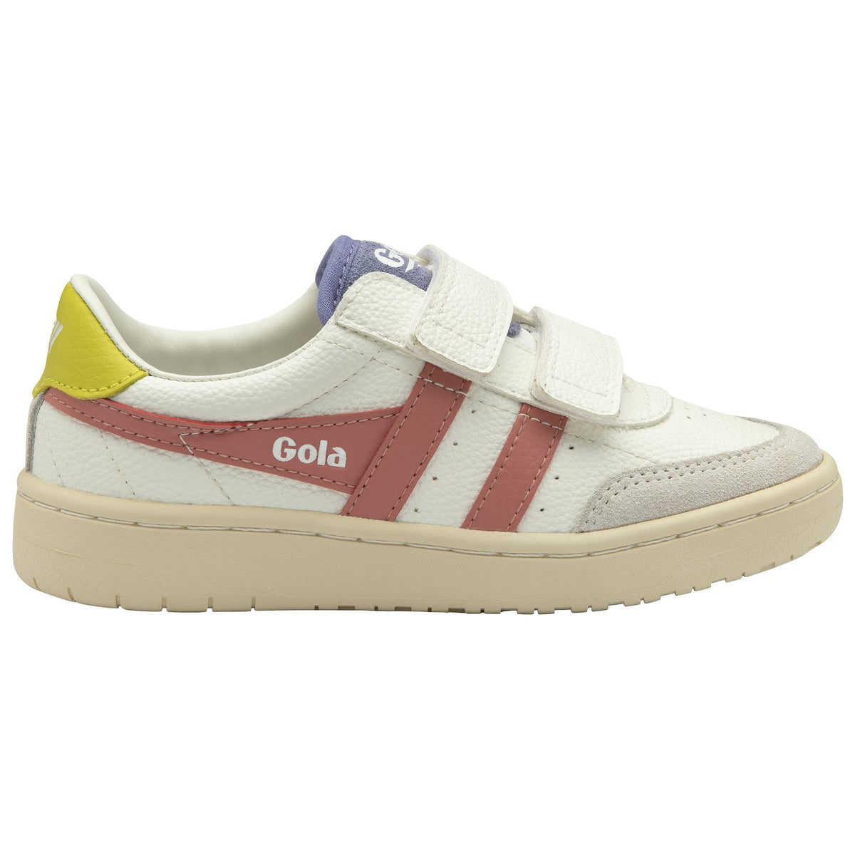Gola Classics white trainer with pink side stripes and yellow heel tab