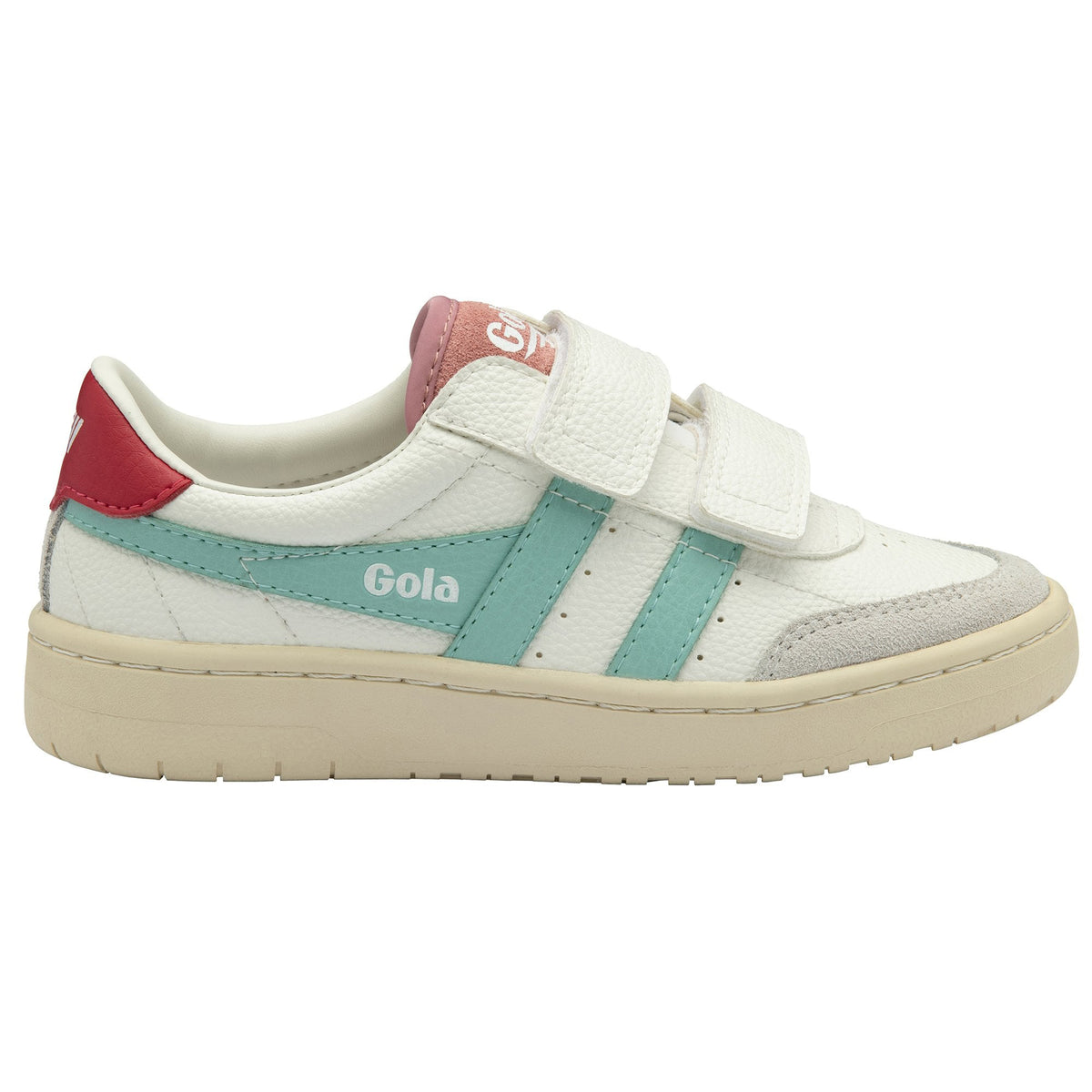 Gola Classics white trainer with teal side stripes and hook and loop fastening