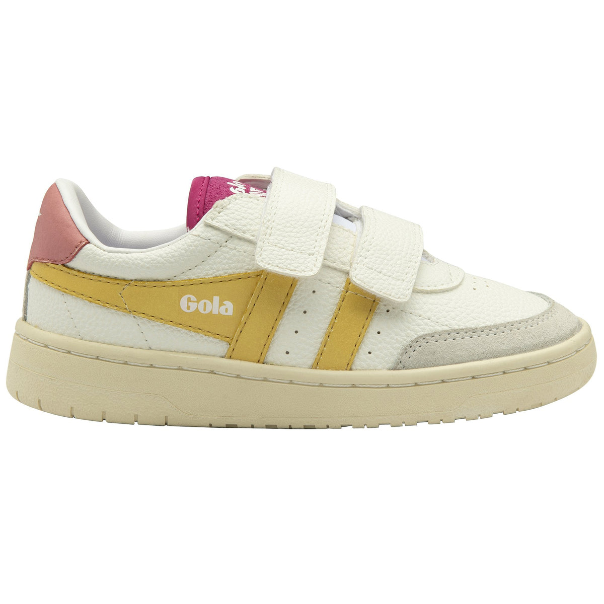 Gola Classics white trainer with yellow side stripes and hook and loop fastening