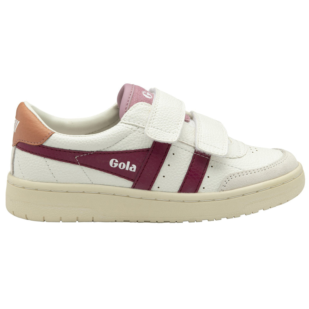 Gola Classics white trainer with burgundy side stripes and hook and loop fastening