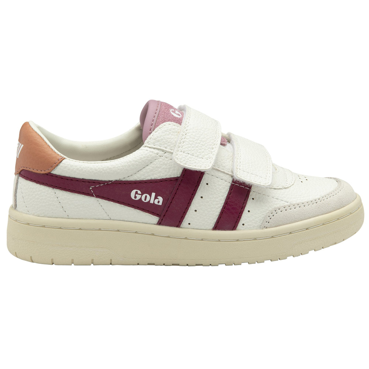 Gola Classics white trainer with burgundy side stripes and hook and loop fastening