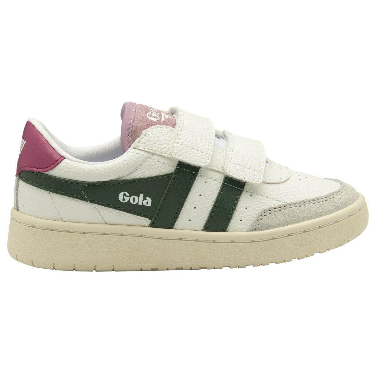 Gola Classics white trainer with green side stripes and pink heel tab featuring hook and loop fastening